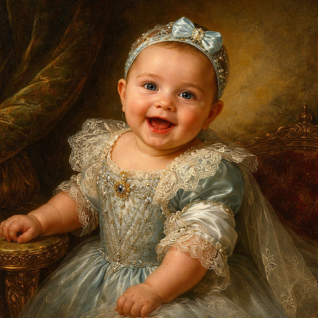 A giggling baby in a bucket swing steals the show — tiny socks kicking, a big blue bow on her head, and an enormous oak tree giving moral support from above. Wood chips, a picnic shelter and a white fence form the calm park backdrop while the little swinger flashes a grin like she owns the playground.