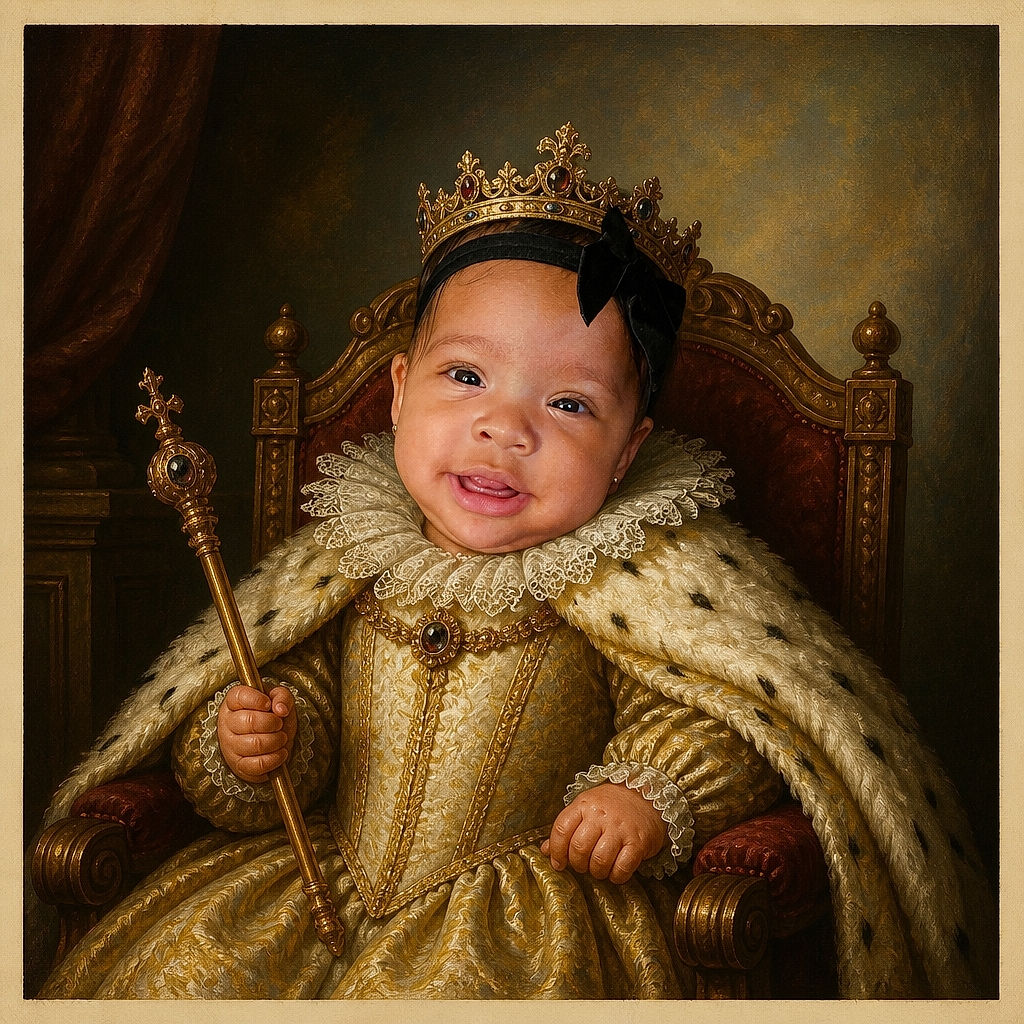 A cheerful baby lounges on a leather couch in a leopard-print outfit and oversized black bow, smiling at the camera like a tiny fashion icon who just discovered the secret of couch comfort.