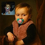 A curious toddler with a pacifier in their mouth clings onto someone's leg, wearing a cozy pink fuzzy vest and black sleeves, set against a dimly lit living room background filled with furniture and household items.
