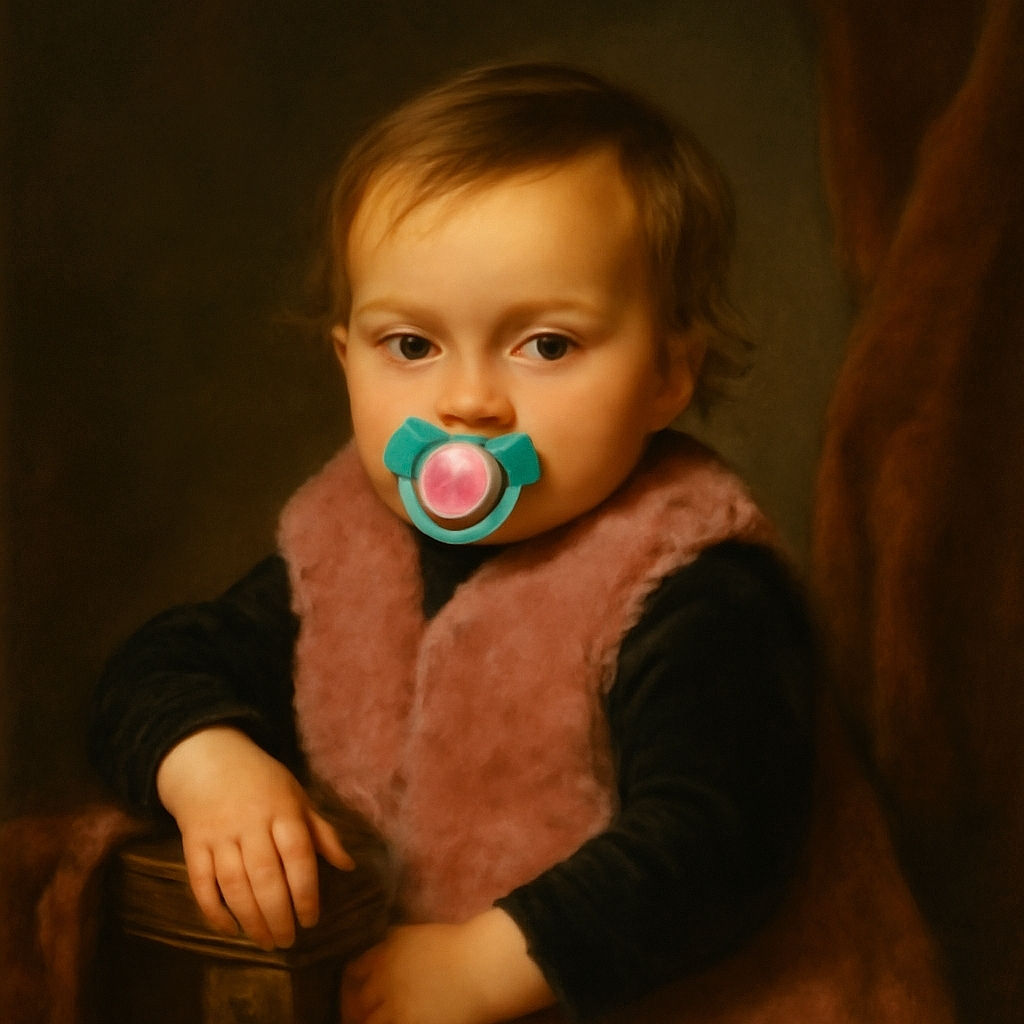 A curious toddler with a pacifier in their mouth clings onto someone's leg, wearing a cozy pink fuzzy vest and black sleeves, set against a dimly lit living room background filled with furniture and household items.