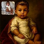 A cute baby sitting comfortably on a patterned couch with a pacifier in their mouth, surrounded by cozy pillows and soft blankets, looking curiously at the camera.