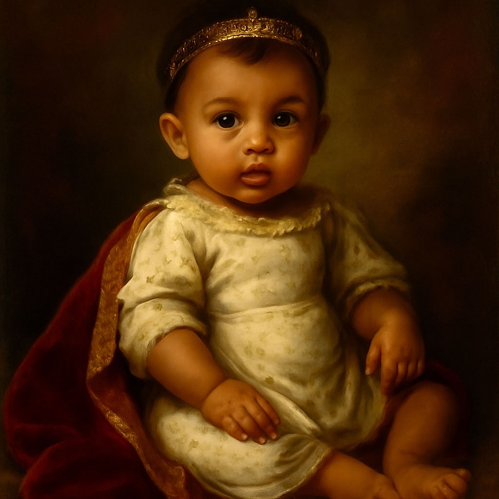 A cute baby sitting comfortably on a patterned couch with a pacifier in their mouth, surrounded by cozy pillows and soft blankets, looking curiously at the camera.