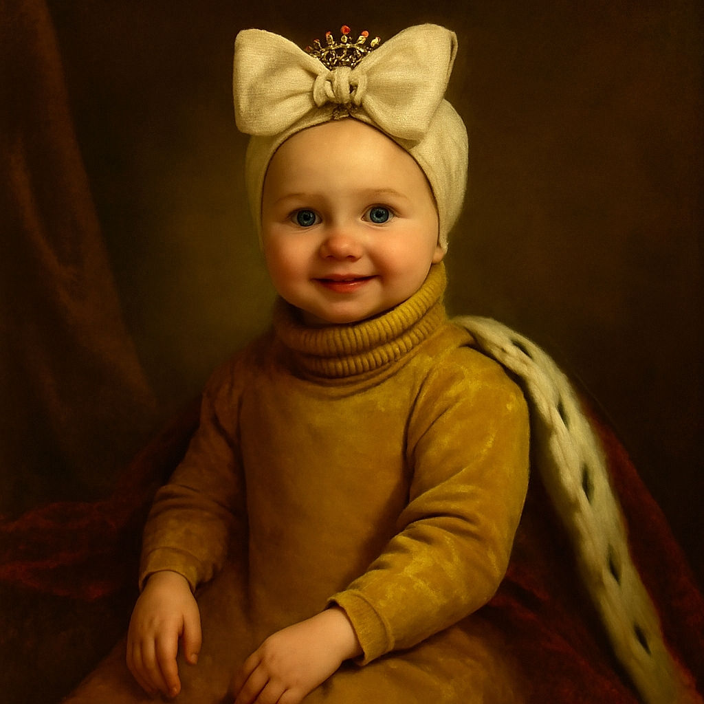 A cheerful baby sitting comfortably on a white cushioned chair, dressed in a cozy yellow and white outfit with a large white bow headband, flashing a toothy smile that lights up the scene.