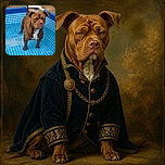 A wonderfully grumpy-looking brown dog stands chest-deep in a blue above-ground pool, wearing the expression of a lifeguard who has just discovered someone brought no snacks. Its wrinkled face, floppy ears, white chest patch, and upright tail steal the show while the dry grass and chain-link fence watch from behind.