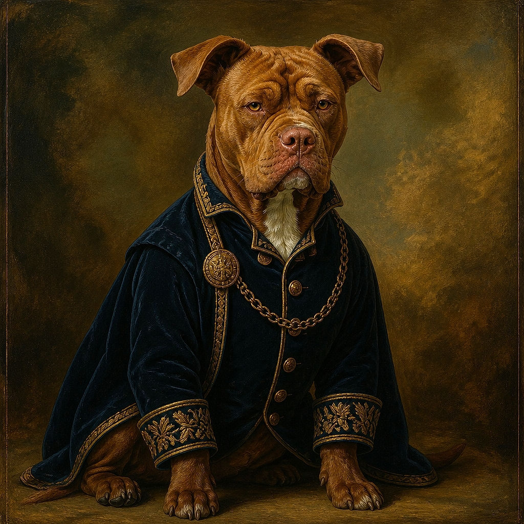 A wonderfully grumpy-looking brown dog stands chest-deep in a blue above-ground pool, wearing the expression of a lifeguard who has just discovered someone brought no snacks. Its wrinkled face, floppy ears, white chest patch, and upright tail steal the show while the dry grass and chain-link fence watch from behind.