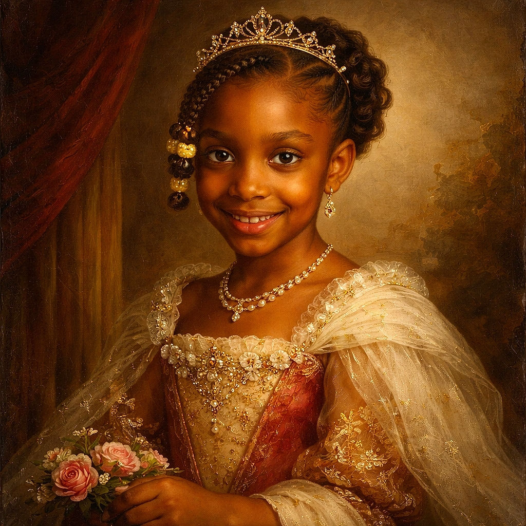 A grinning little girl with beaded braids and a sparkly sequin emoji on her red shirt sits on a cozy couch surrounded by pillows — she looks like she just told the funniest joke in the house and everyone (including the pillow) is impressed.