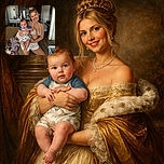 A cheerful young woman in a bikini top and shorts is holding a curious baby dressed in a shark-themed outfit. They are indoors in a cozy living room with a couch, blankets, and a laundry basket visible in the background. Both faces are bright and expressive, capturing a warm and candid moment.