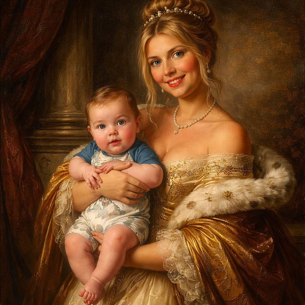 A cheerful young woman in a bikini top and shorts is holding a curious baby dressed in a shark-themed outfit. They are indoors in a cozy living room with a couch, blankets, and a laundry basket visible in the background. Both faces are bright and expressive, capturing a warm and candid moment.