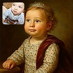 A curious toddler with sparkling blue eyes and curly hair is reaching out while perched between an adult's legs, dressed in a cozy floral sweater, with a warm wooden floor in the background.