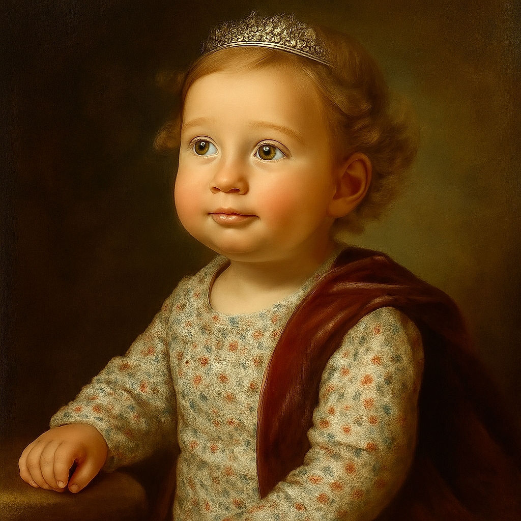 A curious toddler with sparkling blue eyes and curly hair is reaching out while perched between an adult's legs, dressed in a cozy floral sweater, with a warm wooden floor in the background.