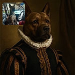 A regal brindle dog wearing an EZYDOG harness sits attentively in the driver's seat of a Jeep, as if ready to take the wheel on an adventurous road trip. The car's interior is well-lit with natural light streaming through the windows, revealing a cozy and slightly worn leather seat. Outside, a trailer and some greenery hint at a camping or outdoor setting.