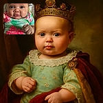 A close-up shot of an adorable baby with big blue eyes and a slightly curious expression wearing a colorful floral shirt, with their tiny fists raised as if ready for a playful boxing match.