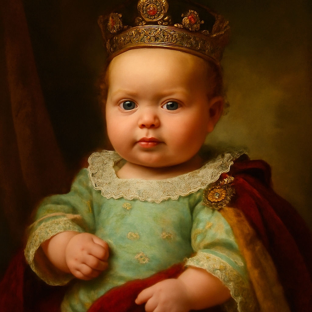 A close-up shot of an adorable baby with big blue eyes and a slightly curious expression wearing a colorful floral shirt, with their tiny fists raised as if ready for a playful boxing match.