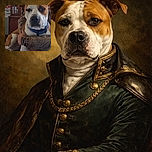 A large dog with a blue collar is being held by a person wearing camouflage clothing, sitting indoors in front of a wooden cabinet filled with cans and other items. The dog looks calm and slightly curious, with a cozy, homey background.