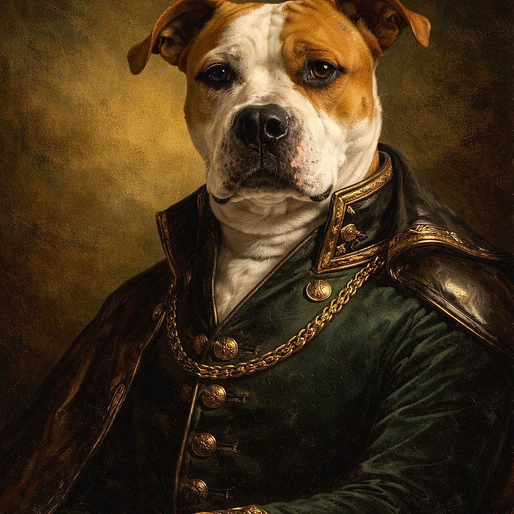 A large dog with a blue collar is being held by a person wearing camouflage clothing, sitting indoors in front of a wooden cabinet filled with cans and other items. The dog looks calm and slightly curious, with a cozy, homey background.