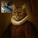 A curious tabby cat lounges on a well-worn green armrest covered with a towel, staring wide-eyed at the camera. Below, a couple of empty metal bowls and a large plastic water jug sit on a tiled floor, adding a homey vibe to the scene.