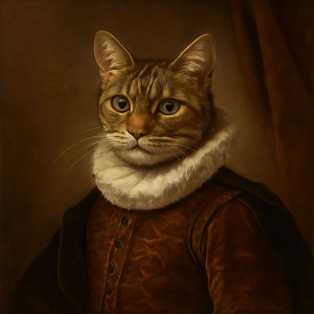 A curious tabby cat lounges on a well-worn green armrest covered with a towel, staring wide-eyed at the camera. Below, a couple of empty metal bowls and a large plastic water jug sit on a tiled floor, adding a homey vibe to the scene.