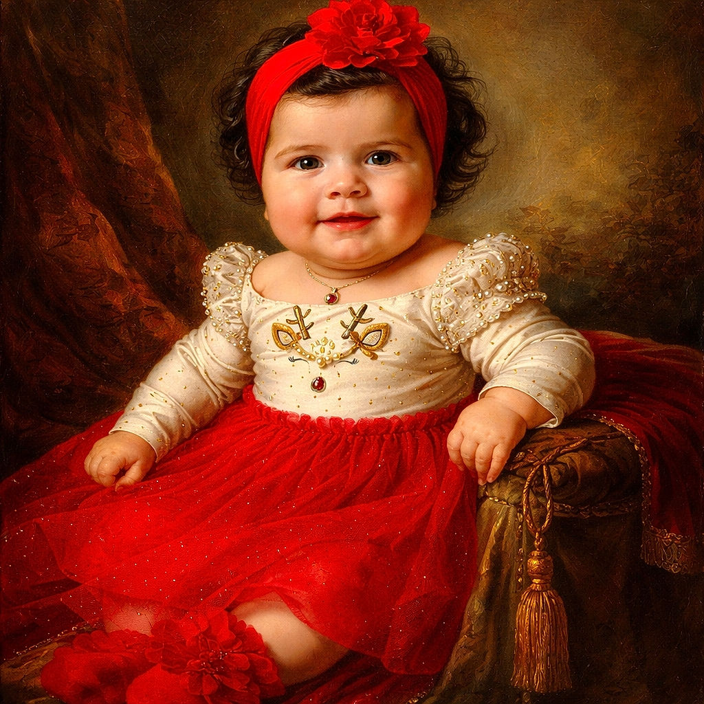 A chubby-cheeked baby beams at the camera wearing a giant red flower headband and a sparkly red tulle dress; the rest of the scene is desaturated so her outfit pops while she lounges on soft cushions, looking like the boss of cozy holiday fashion.