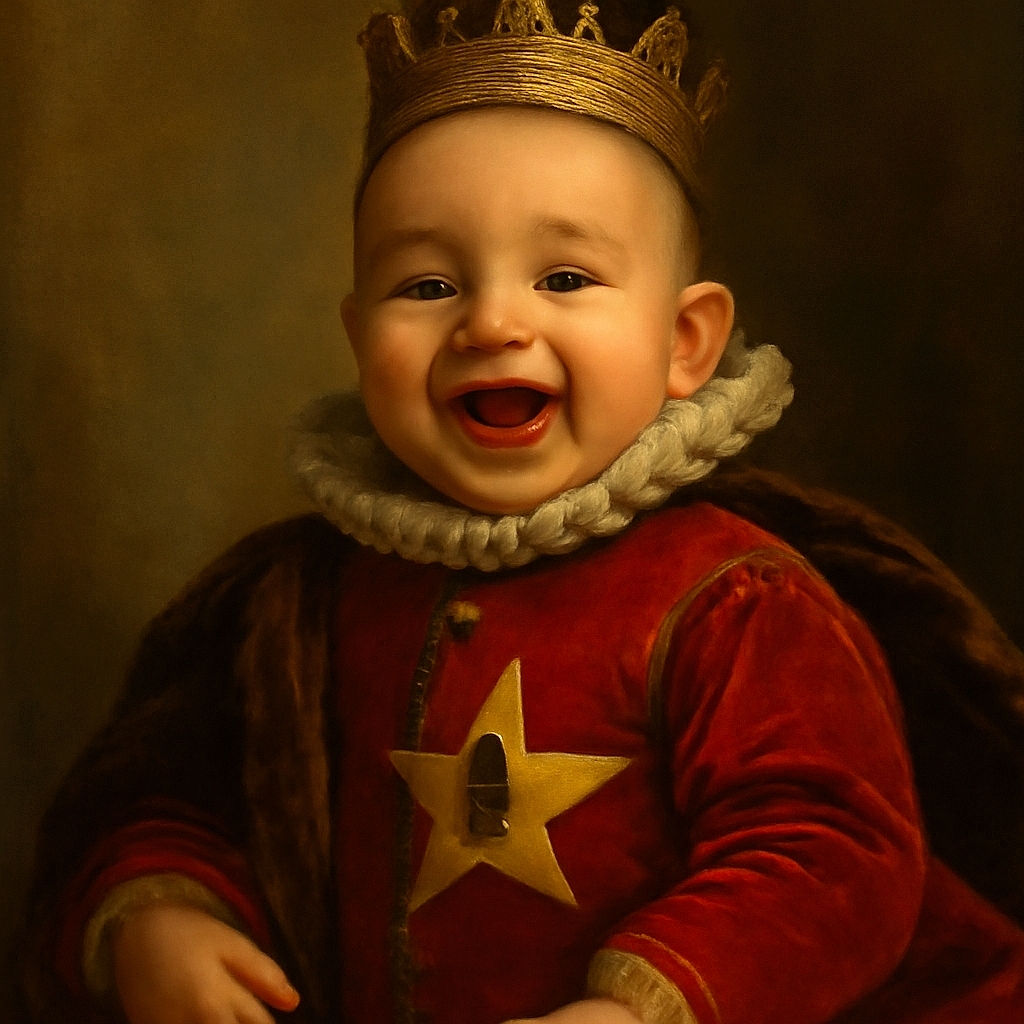 A joyful baby in a bright red onesie with a yellow star and humorous text is grinning widely, showing pure happiness. The background features striped bedding, making the baby the clear focus of this candid and heartwarming moment.