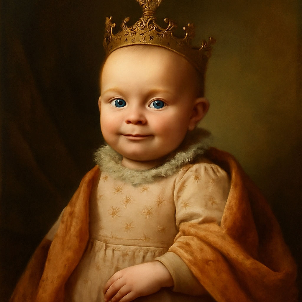 An adorable baby wrapped in cozy heart-patterned clothes lies on a soft quilt, gazing curiously at the camera with big, bright eyes. The close-up shot captures the smooth skin and delicate features, creating a heartwarming and tender moment.