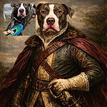 A soulful, big-nosed pup stares straight at the camera like it's waiting for approval to keep chewing its beloved blue-and-green frisbee — carpeted living-room throne and blurred background making it look dramatically important.