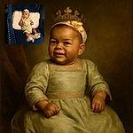 A charming baby dressed in a cute green romper and frilly socks lounges on a plush navy-blue chair with shiny studded details, backed by a fluffy white pillow, looking curiously to the side with a sweet floral headband.