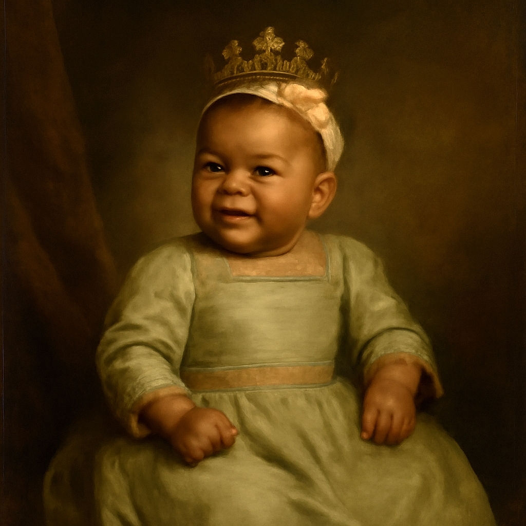 A charming baby dressed in a cute green romper and frilly socks lounges on a plush navy-blue chair with shiny studded details, backed by a fluffy white pillow, looking curiously to the side with a sweet floral headband.