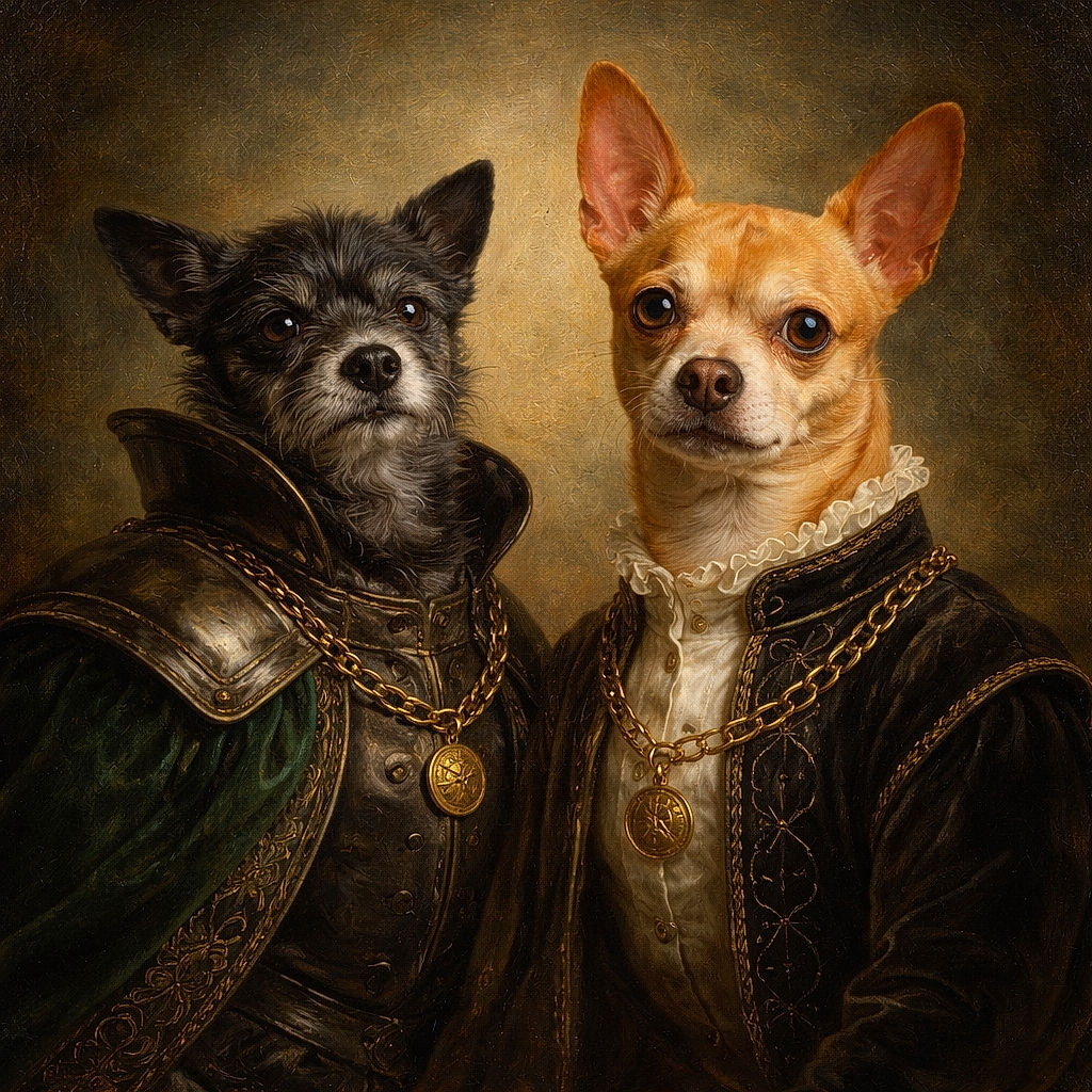 Two adorable dogs sharing a cozy corner: one black dog lounging comfortably on a cushion-covered chair, and a tan dog sitting attentively on a cushioned stool. The room is softly lit with natural light, creating a warm and homely atmosphere.