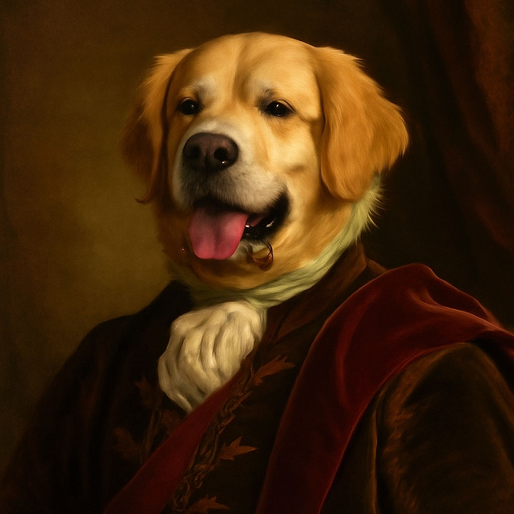 A fluffy, happy dog is lounging on a sunny patch of green grass in a backyard, with its tongue out and a relaxed expression, surrounded by some bushes and a house wall in the background.