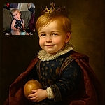 A charming toddler with a space-themed tank top is sitting comfortably on a couch, holding a light blue bowl, with a soft smile and slightly tilted head, while a casually dressed adult stands blurred in the background.