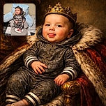A cheeky baby in a cozy grey outfit with a hood, sticking out their tongue while comfortably seated in a supportive cushion chair with a bright blue pillow featuring cartoon characters in the background.