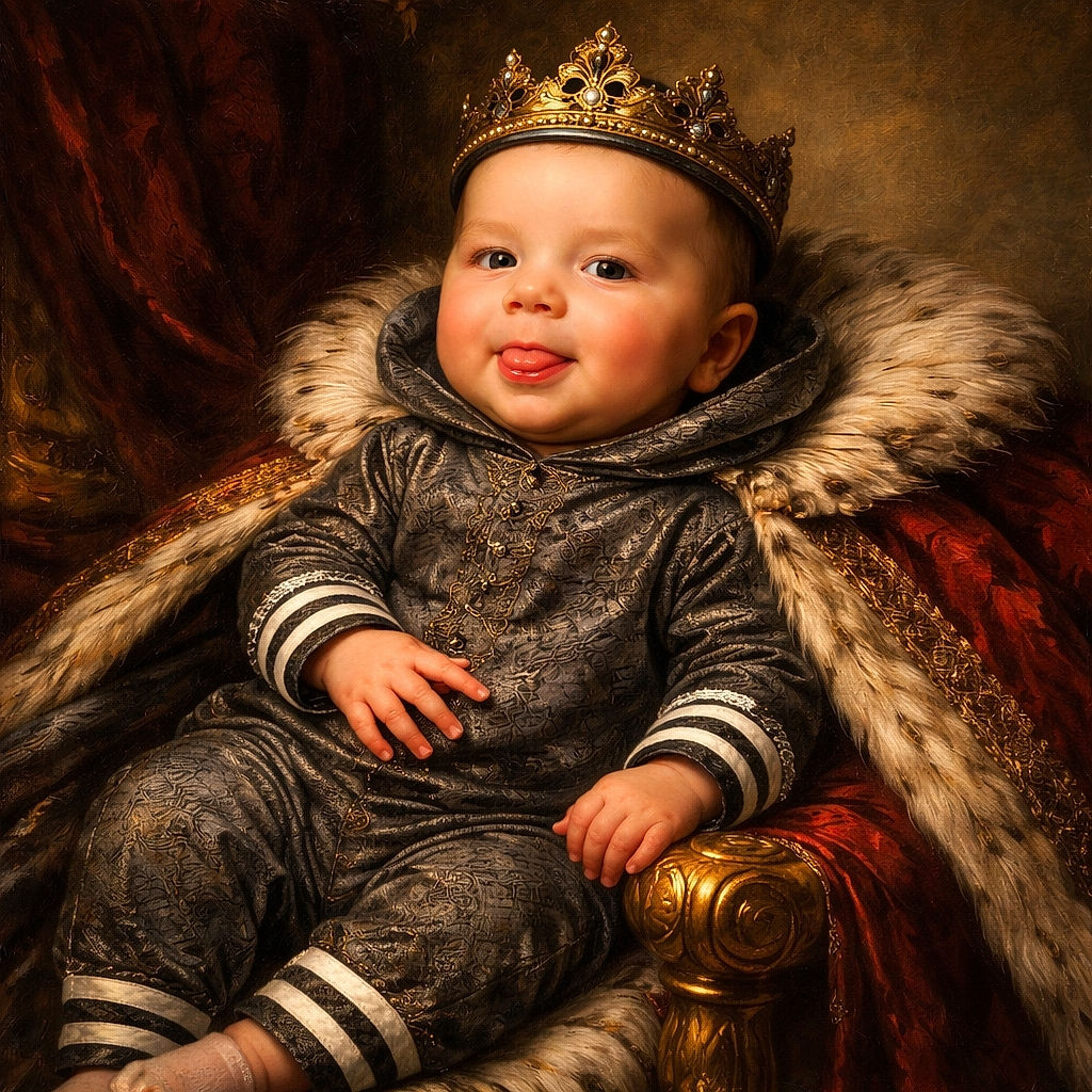 A cheeky baby in a cozy grey outfit with a hood, sticking out their tongue while comfortably seated in a supportive cushion chair with a bright blue pillow featuring cartoon characters in the background.