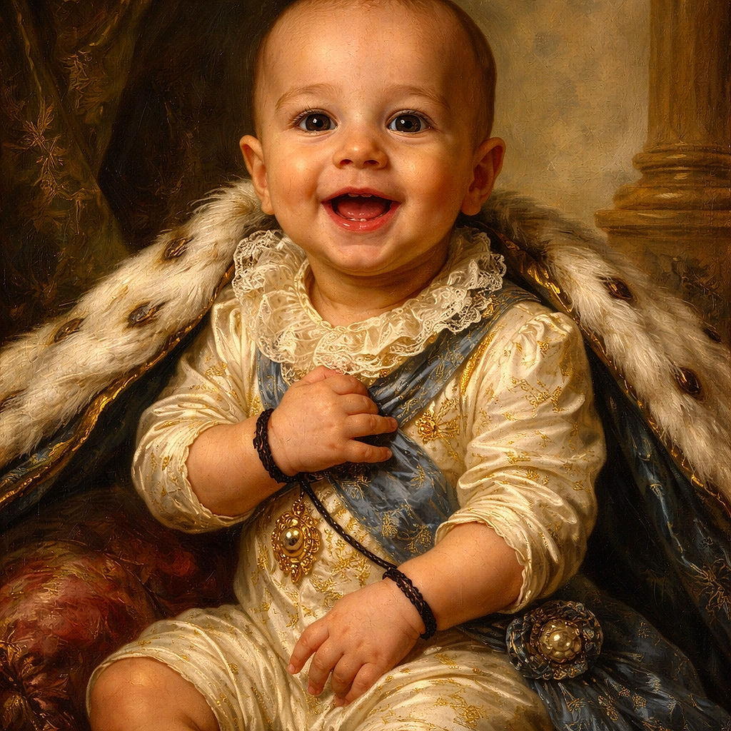 A joyful baby with a big smile is sitting comfortably on a gray leather couch, wearing a white onesie with blue and orange vehicle prints. The baby has two black bracelets on both wrists and looks like they're about to giggle even more, radiating pure happiness.
