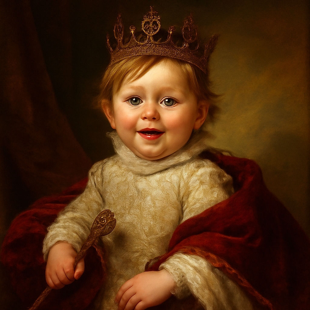 A joyful baby sitting on the floor in a diaper, holding a blue cup with a big smile and wide eyes, surrounded by toys and household items in a cozy indoor setting.