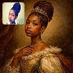 A young girl with braided hair styled in a high bun poses with a slightly pouting expression against a plain wall with hooks in the background, wearing a white collared shirt.