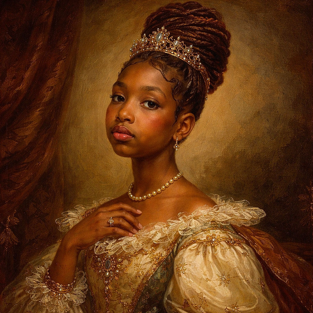 A young girl with braided hair styled in a high bun poses with a slightly pouting expression against a plain wall with hooks in the background, wearing a white collared shirt.