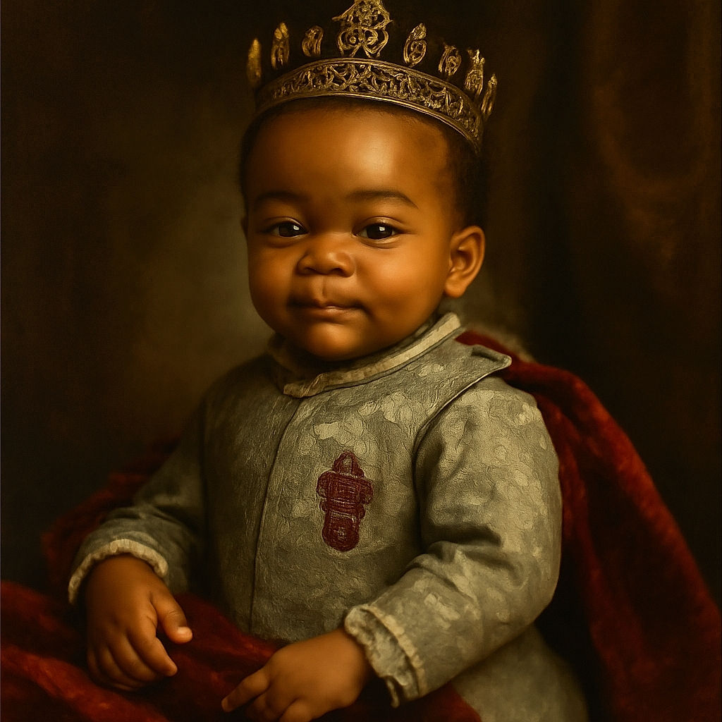 A curious toddler in cozy pajamas with fire trucks clings to the edge of a leather couch, eyes wide with wonder, against a plush purple rug background with a baby bottle in sight.