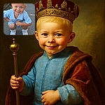 A cheerful young child with bright blue eyes and blond hair squats on a paved sidewalk, flashing a wide, infectious smile. Dressed in a textured light blue outfit and white sneakers, the kid radiates playful energy against a muted urban backdrop.