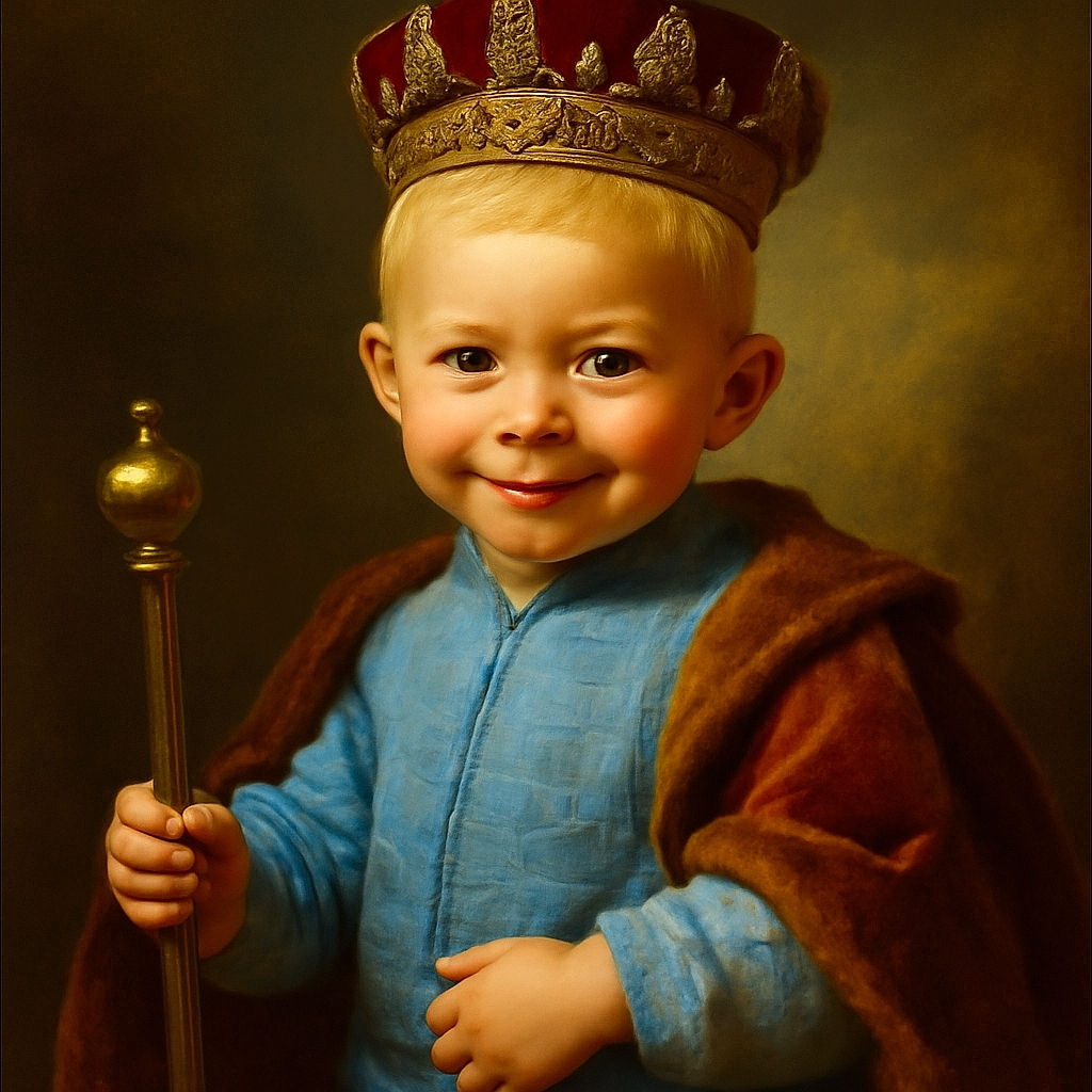 A cheerful young child with bright blue eyes and blond hair squats on a paved sidewalk, flashing a wide, infectious smile. Dressed in a textured light blue outfit and white sneakers, the kid radiates playful energy against a muted urban backdrop.
