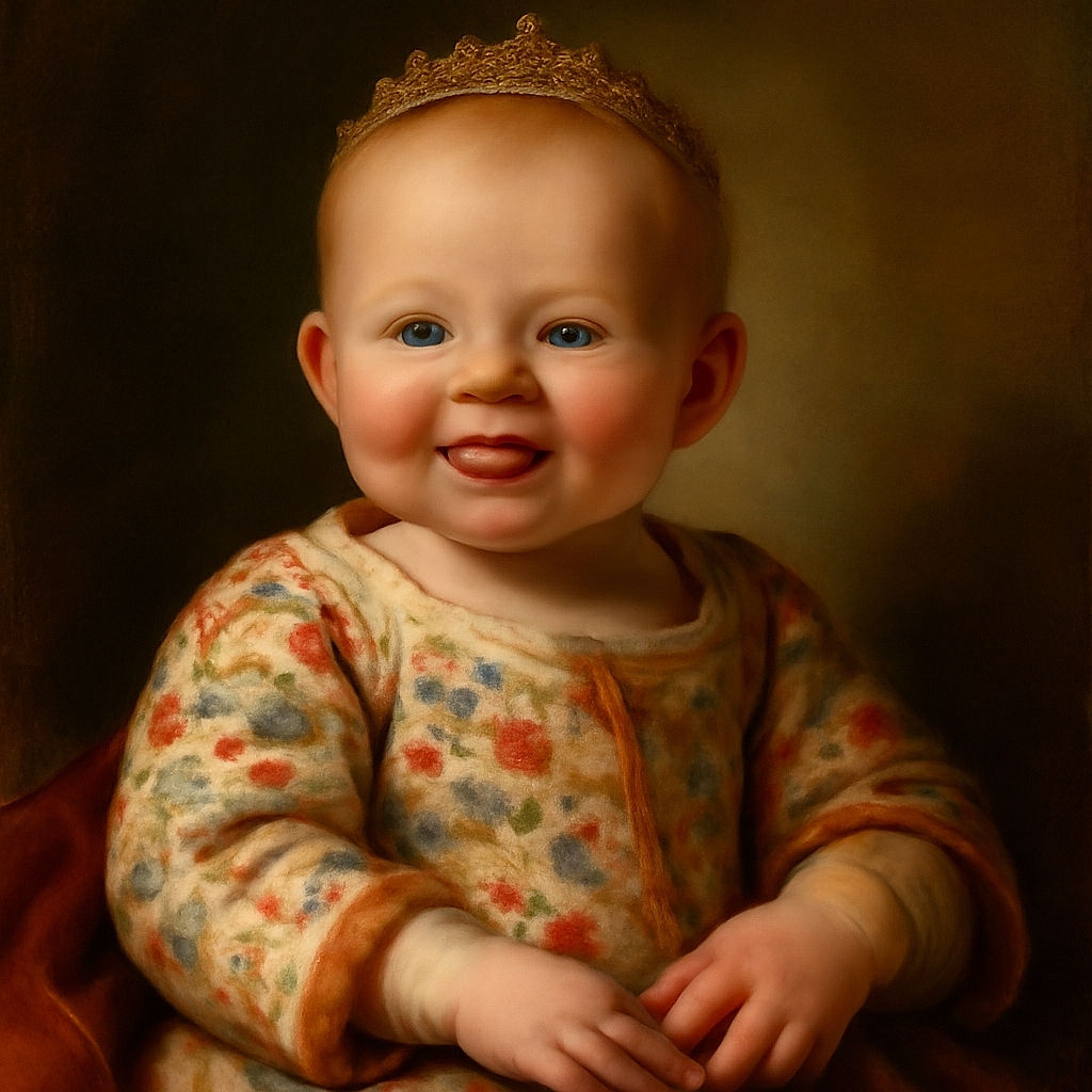 A cheerful baby wearing a floral-patterned onesie is lying on a colorful blanket and pillow, sticking out their tongue with a playful smile. In the background, a cat is curled up, adding a cozy touch to the scene.