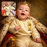 A cheerful baby wearing a cozy cream-colored Winnie the Pooh outfit is comfortably nestled among colorful, patterned cushions, flashing a playful smile in a warm indoor setting.