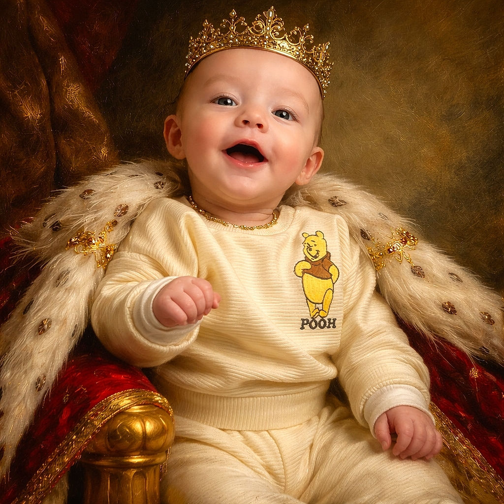 A cheerful baby wearing a cozy cream-colored Winnie the Pooh outfit is comfortably nestled among colorful, patterned cushions, flashing a playful smile in a warm indoor setting.