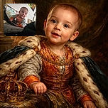 A curious baby in a cozy indoor setting, propped on a floral cushion with bright orange and gray clothes, looking off to the side with wide eyes and a hint of a smile, surrounded by pillows and homey decor including a lamp and colorful wall art.