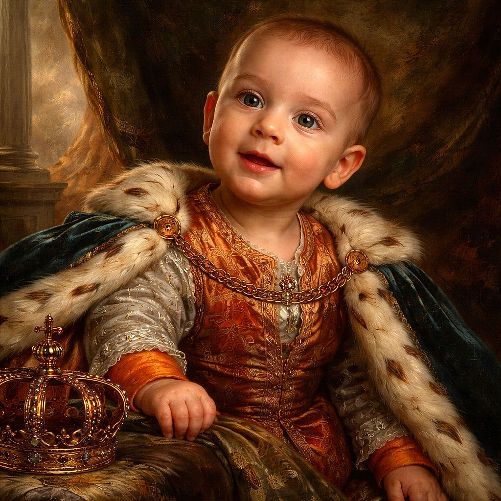 A curious baby in a cozy indoor setting, propped on a floral cushion with bright orange and gray clothes, looking off to the side with wide eyes and a hint of a smile, surrounded by pillows and homey decor including a lamp and colorful wall art.