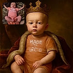 A newborn baby in a peach onesie that says 'MADE of MAGIC' lies on a soft blanket, arms stretched out and legs playfully curled, looking slightly sleepy but adorable.