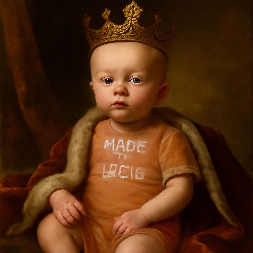 A newborn baby in a peach onesie that says 'MADE of MAGIC' lies on a soft blanket, arms stretched out and legs playfully curled, looking slightly sleepy but adorable.