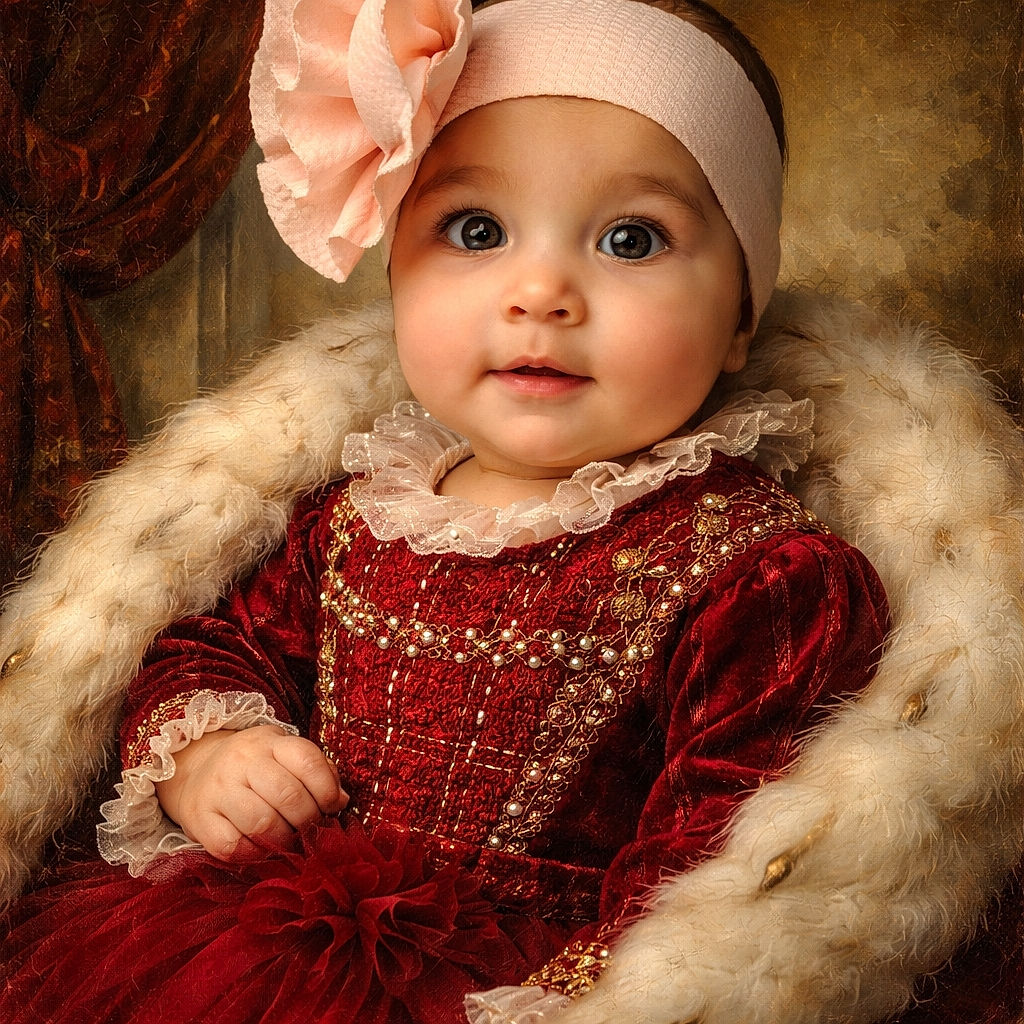 Wide-eyed baby in a fluffy cocoon and a giant bow, looking like a tiny royal inspecting the world with suspiciously adorable curiosity.