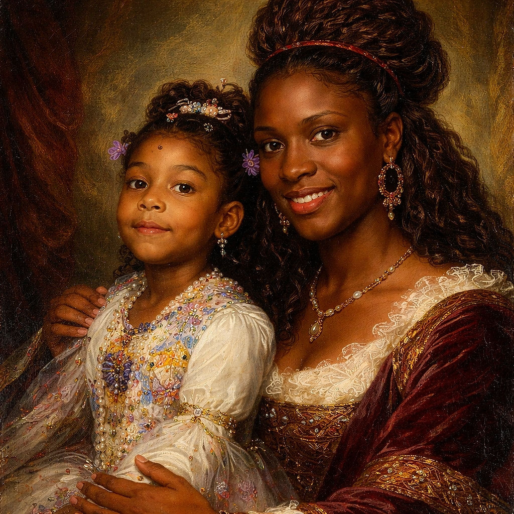 A slightly blurry, warmly lit snapshot of a young child being held by an adult — hair beads, big eyes, and a huge grin on the adult make it feel like a candid family moment from the '90s. The picture is soft-focused, cozy, and full of personality despite the lack of sharp detail.