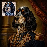 A wonderfully serious spaniel sits on the wooden floor, staring into the camera like a tiny, floppy-eared professor waiting for someone to explain why treats are not a food group.