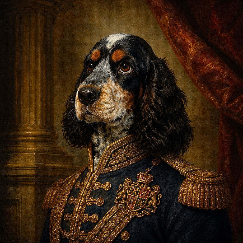 A wonderfully serious spaniel sits on the wooden floor, staring into the camera like a tiny, floppy-eared professor waiting for someone to explain why treats are not a food group.